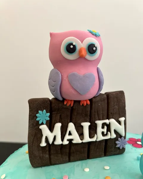 Búho rosa de fondant con cartel de madera